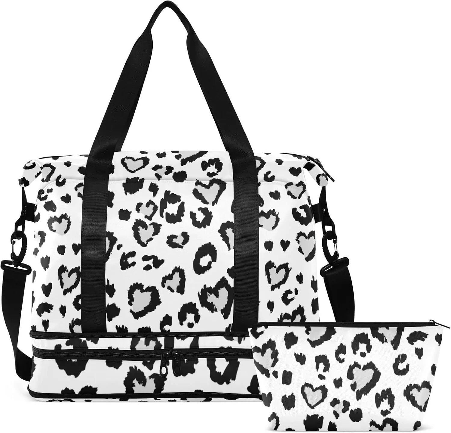Leopard Jaguar Skin with Grey Hearts Black Spots Animal Print Gym Duffel Bag, Polyester Travel Weekender Luggage Handbag with Waterproof Pocket for Wet Items, Unisex Foldable Tote for Sports