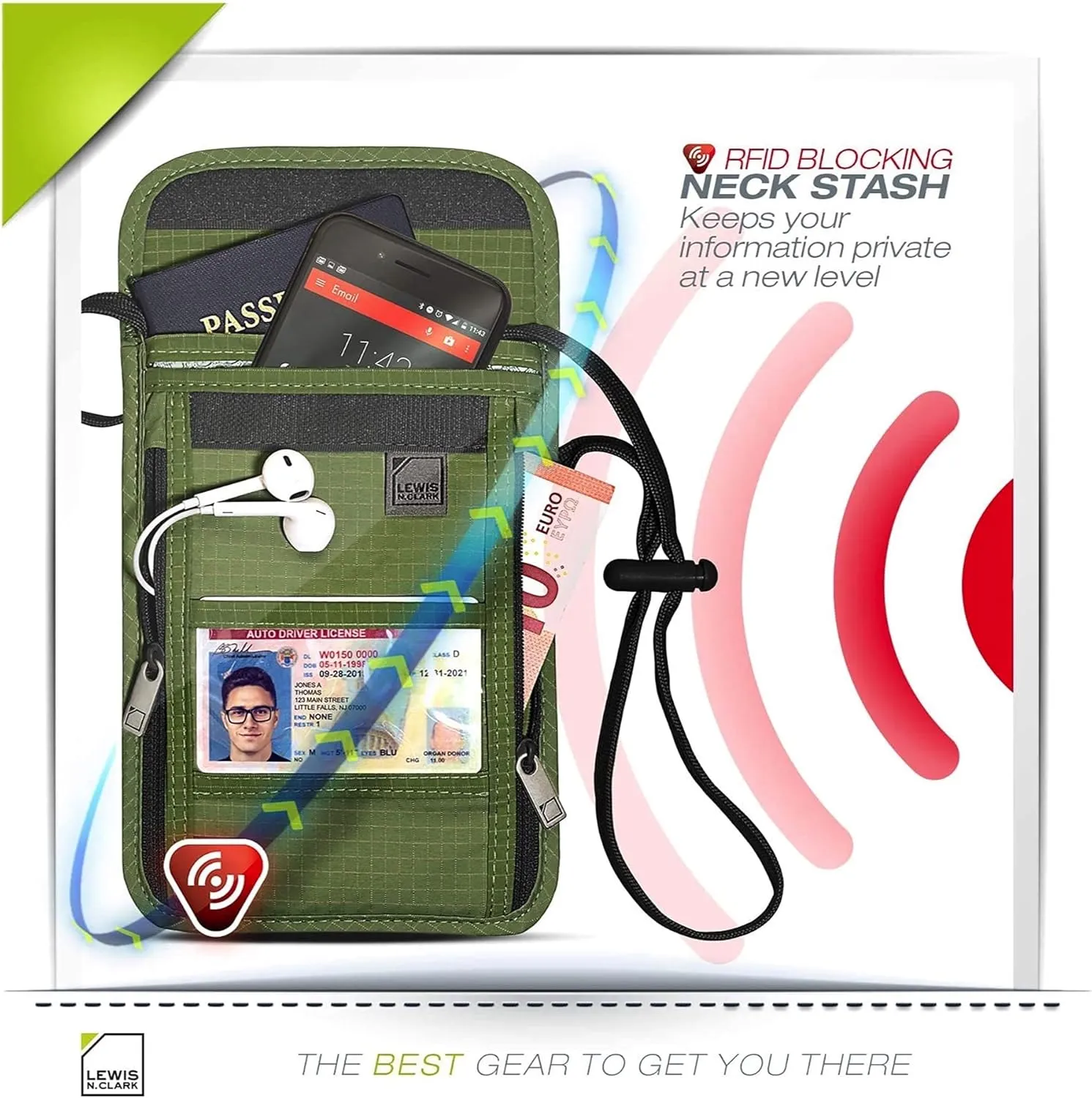 Lewis N. Clark Men's RFID Blocking Stash Wallet, Travel Neck Pouch Passport Holder for Women & Men, Olive, One Size