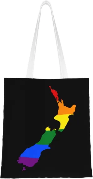 LGBT Flag Map Of New Zealand Tote Bag for Women Canvas Shopping Bags Reusable Large Capacity Casual Shoulder Handbags Grocery Bags DIY Gift Bags