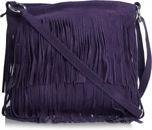 LiaTalia Womens Fringe Handbag - Real Italian Suede Leather - Tassle Effect Shoulder Bag in Small Size - Robin