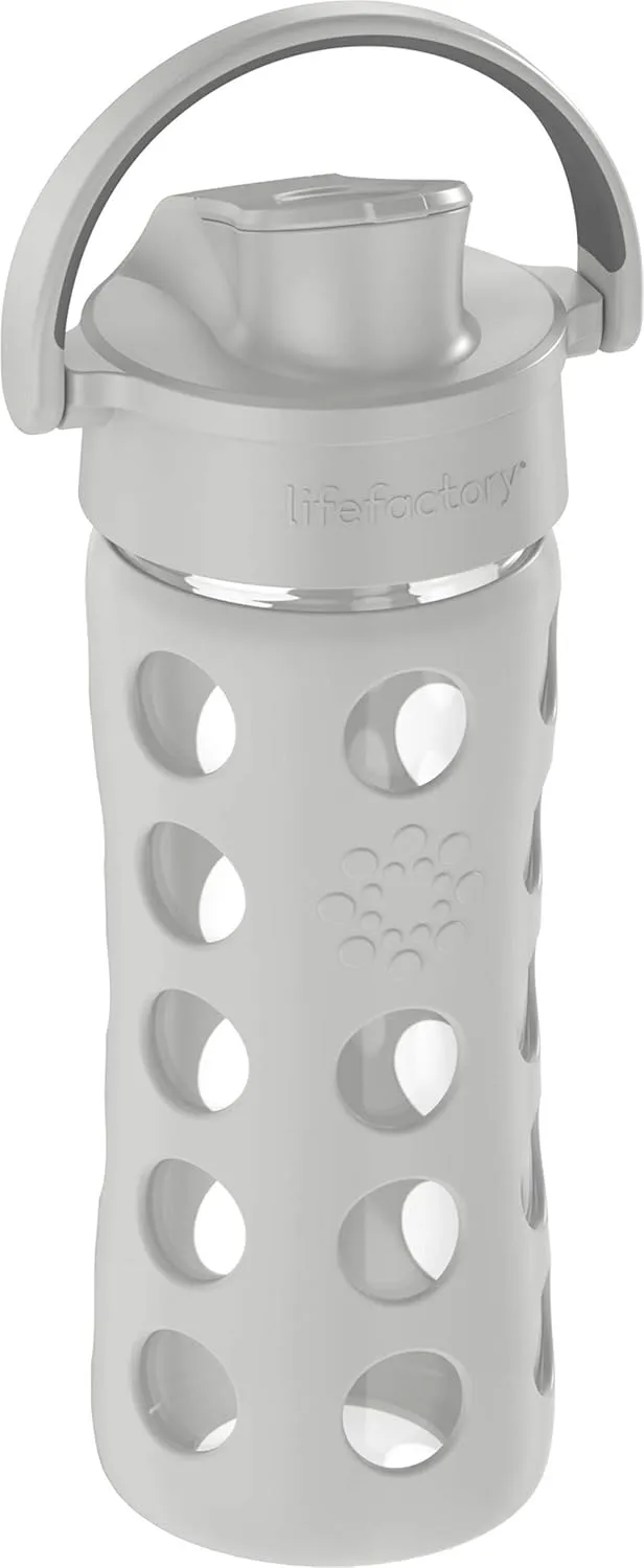 Lifefactory 12-Ounce Glass Water Bottle with Active Flip Cap and Protective Silicone Sleeve, Stone Gray