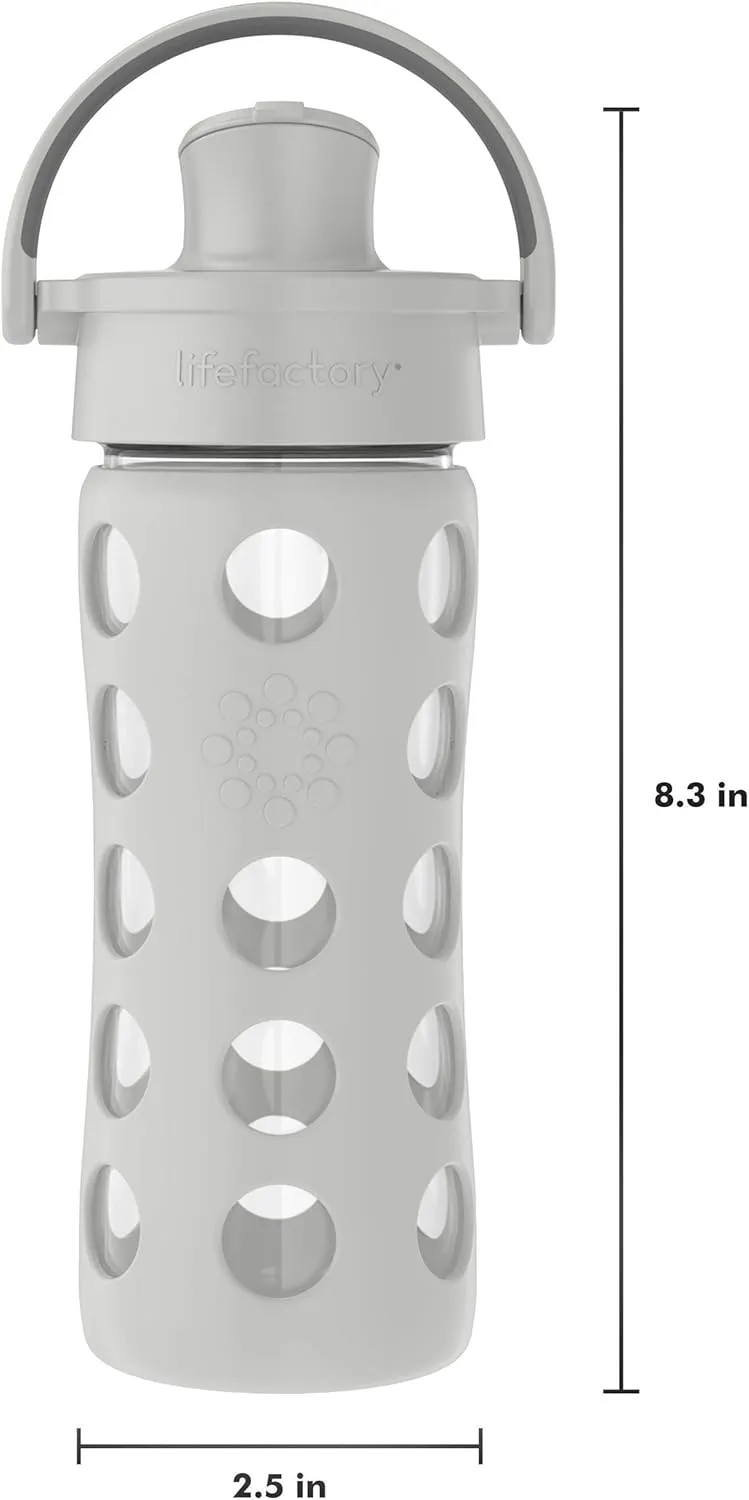 Lifefactory 12-Ounce Glass Water Bottle with Active Flip Cap and Protective Silicone Sleeve, Stone Gray