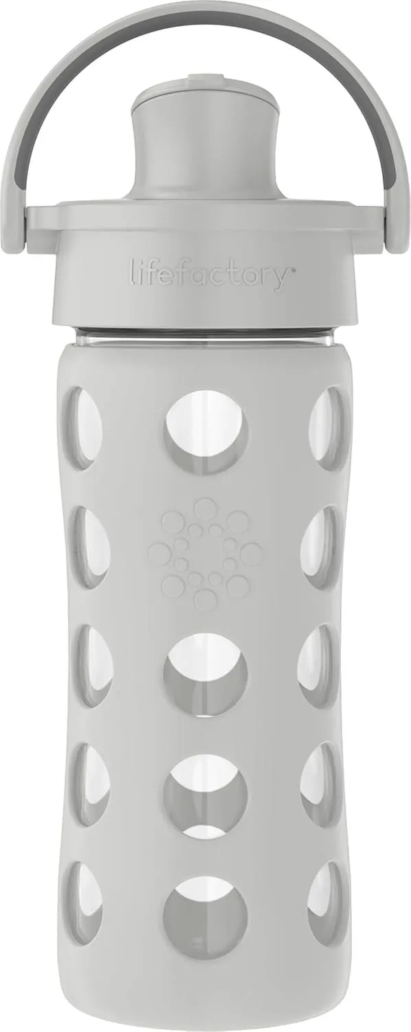 Lifefactory 12-Ounce Glass Water Bottle with Active Flip Cap and Protective Silicone Sleeve, Stone Gray