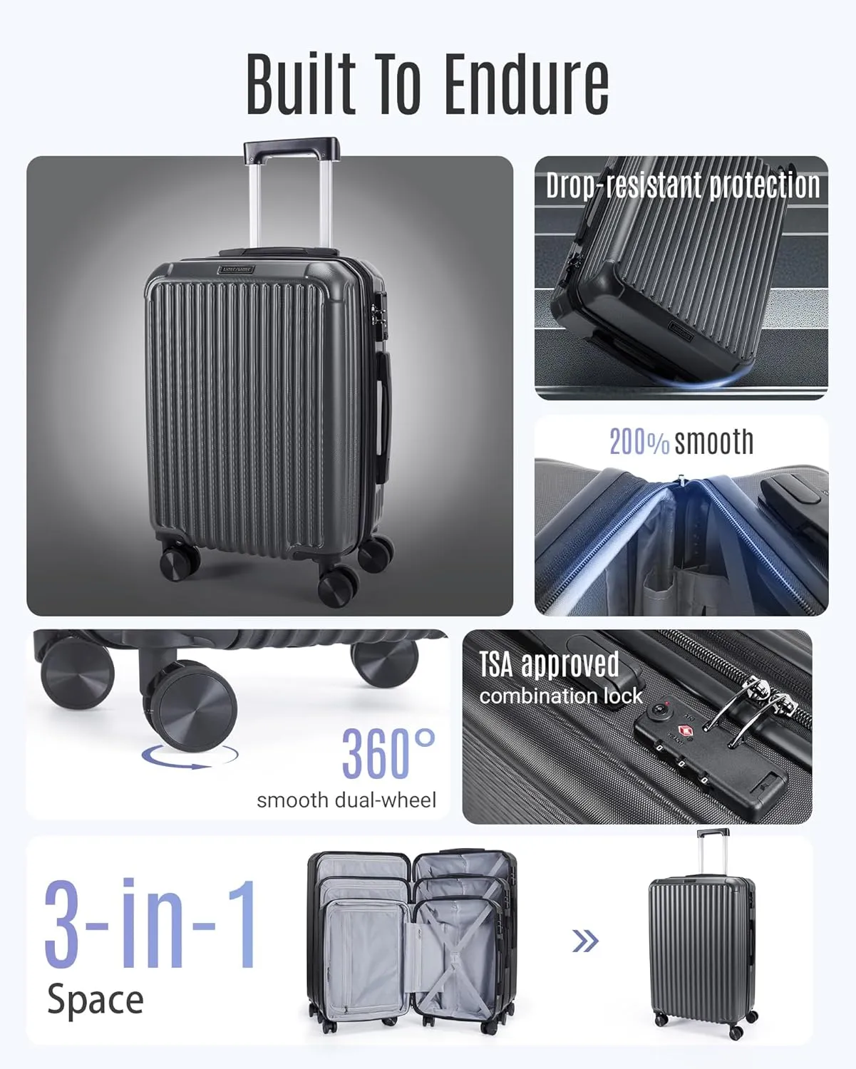 LIGHT FLIGHT Travel Luggage Sets, 3 Piece Set Suitcase with Spinner Wheels, Hardside Lightweight Luggage set with TSA Lock (20" 24" 28"), Glacier Gray