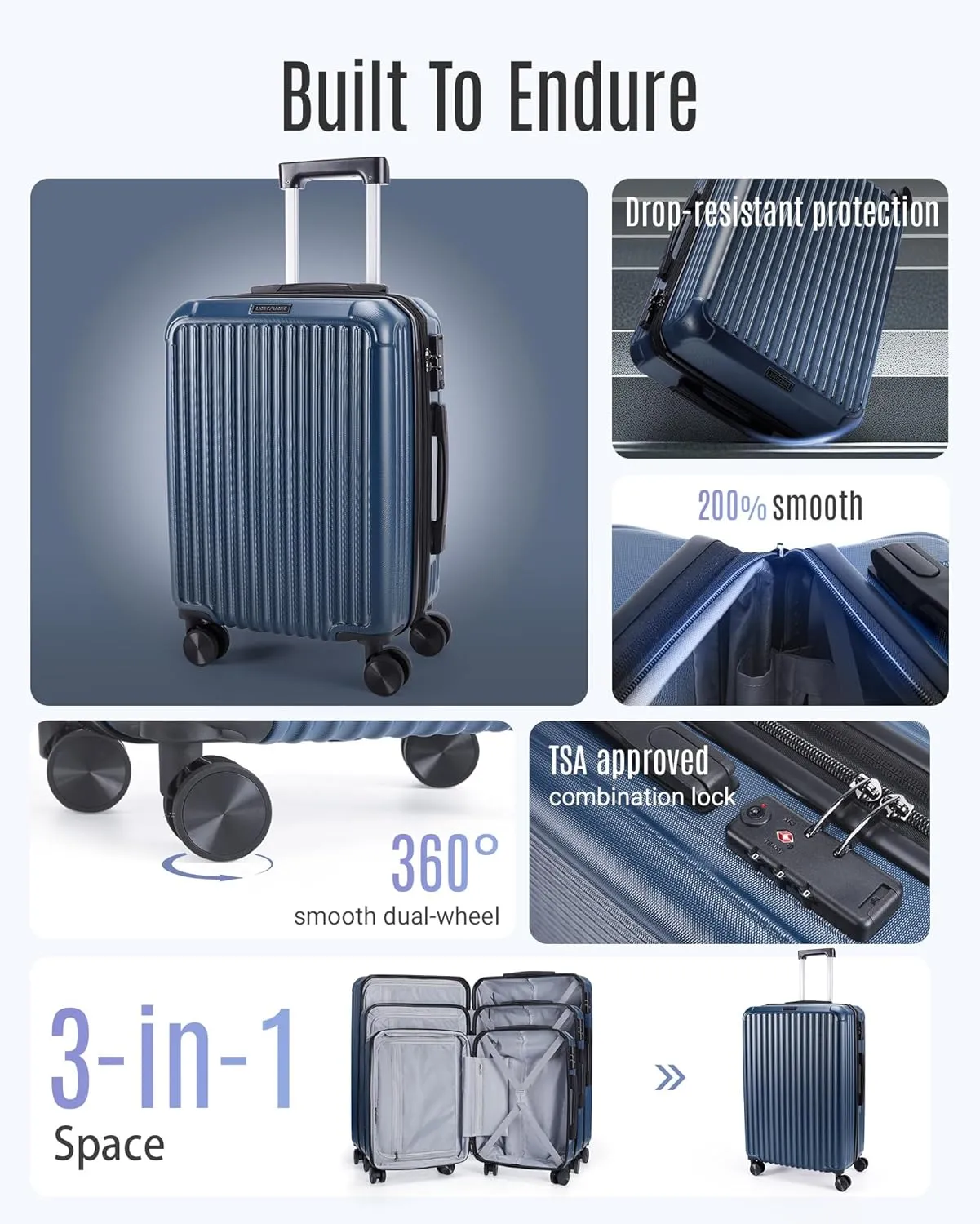 LIGHT FLIGHT Travel Luggage Sets, 3 Piece Set Suitcase with Spinner Wheels, Hardside Lightweight Luggage set with TSA Lock (20" 24" 28"), Royal Blue