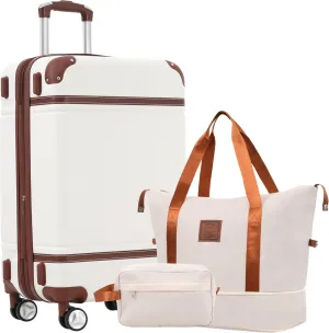 Lightweight Hardshell Luggage Set with Carry Bags, Double Spinner Wheels, 28 Inch Size, White
