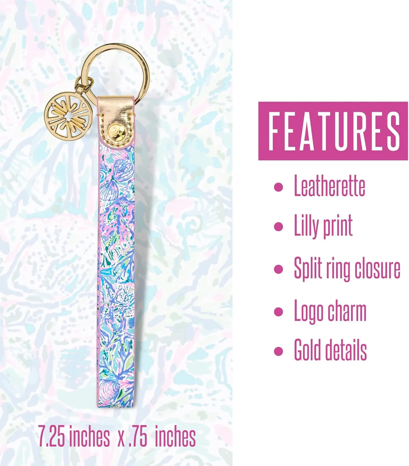Lilly Pulitzer Durable Leatherette Strap Key Chain, Cute Wristlet Keychain Accessory with Metal Ring