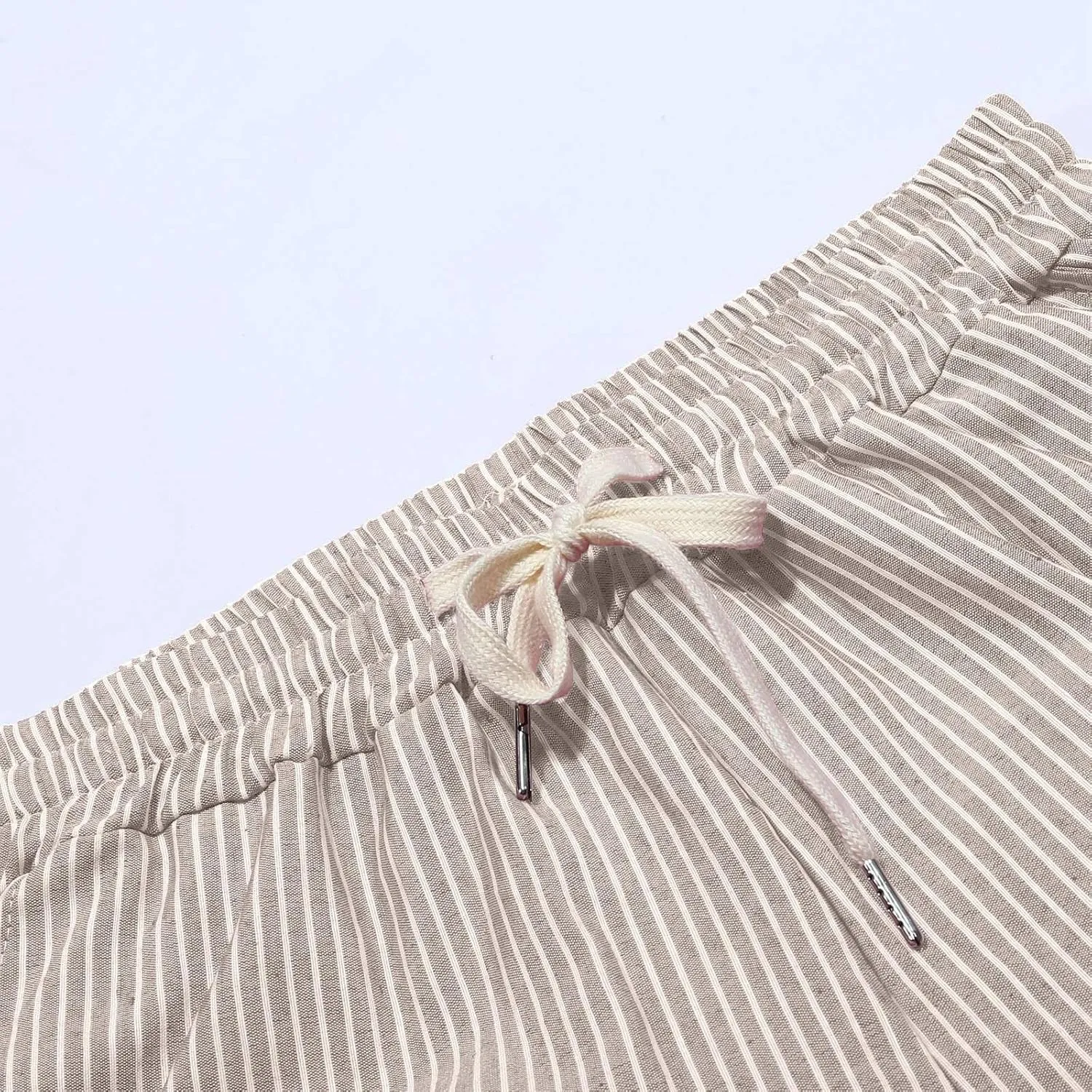 Linen Pants Women Petite Striped Straight Wide Leg Side Button Gauze Casual Drawstring Baggy Elastic Cropped Trouser