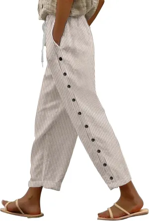 Linen Pants Women Petite Striped Straight Wide Leg Side Button Gauze Casual Drawstring Baggy Elastic Cropped Trouser
