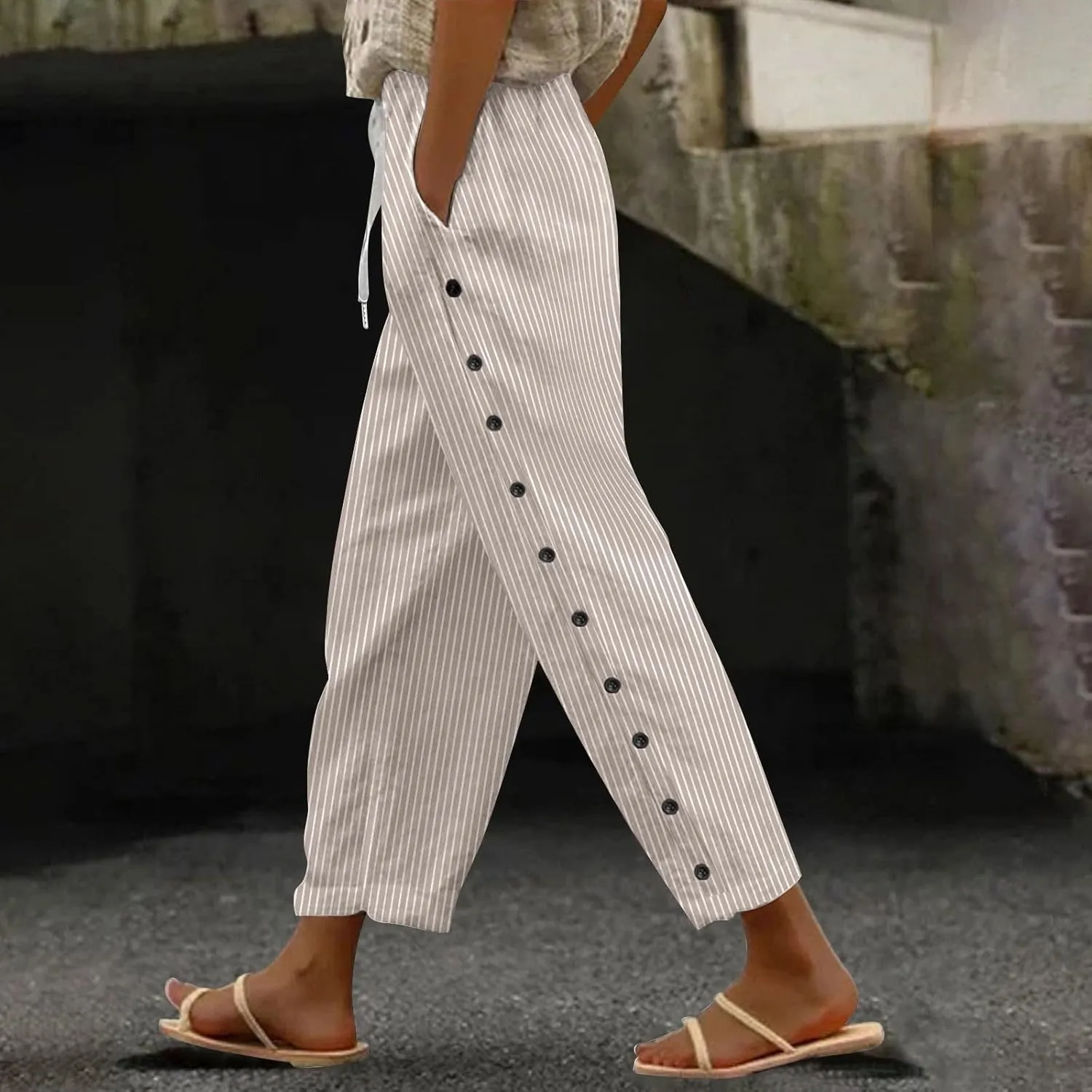 Linen Pants Women Petite Striped Straight Wide Leg Side Button Gauze Casual Drawstring Baggy Elastic Cropped Trouser