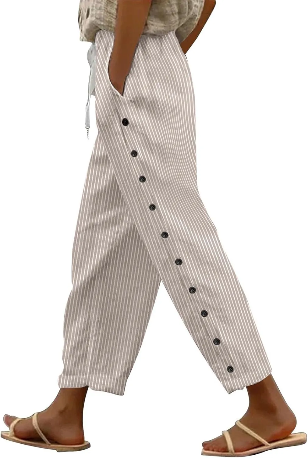 Linen Pants Women Petite Striped Straight Wide Leg Side Button Gauze Casual Drawstring Baggy Elastic Cropped Trouser
