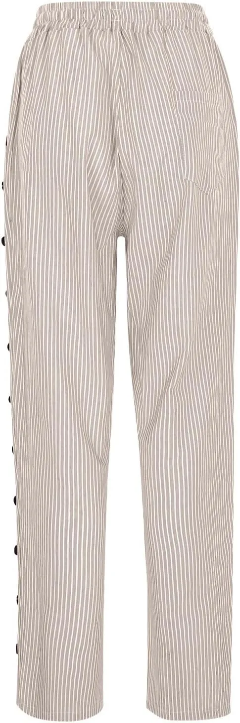 Linen Pants Women Petite Striped Straight Wide Leg Side Button Gauze Casual Drawstring Baggy Elastic Cropped Trouser