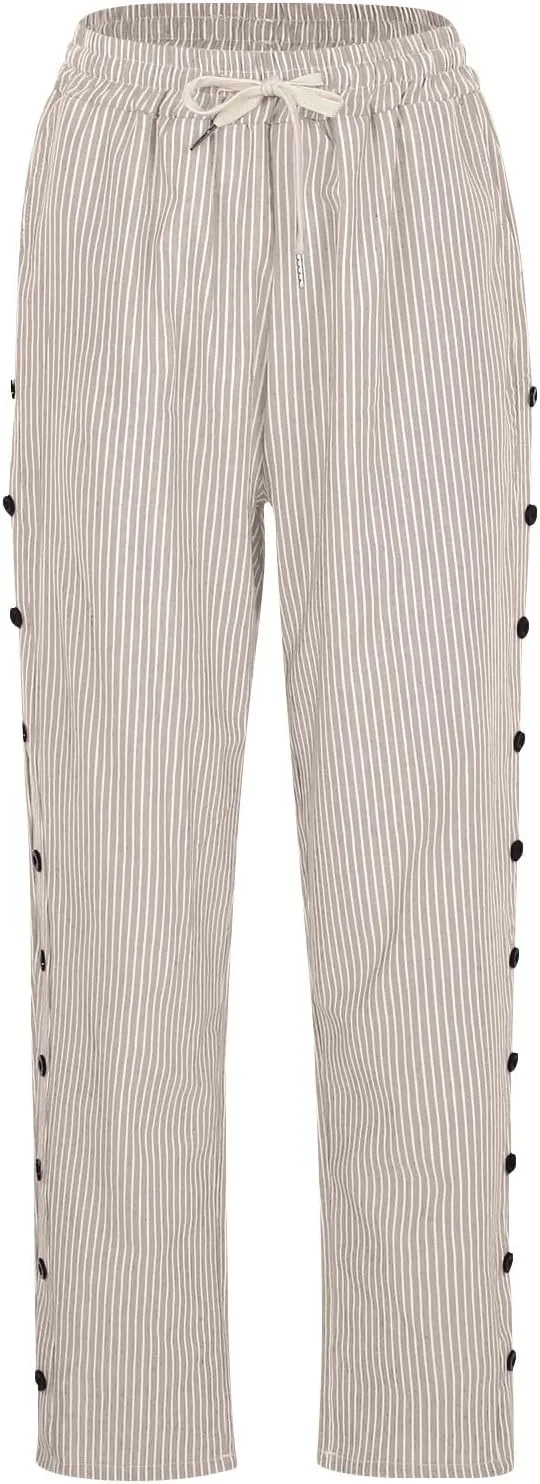 Linen Pants Women Petite Striped Straight Wide Leg Side Button Gauze Casual Drawstring Baggy Elastic Cropped Trouser