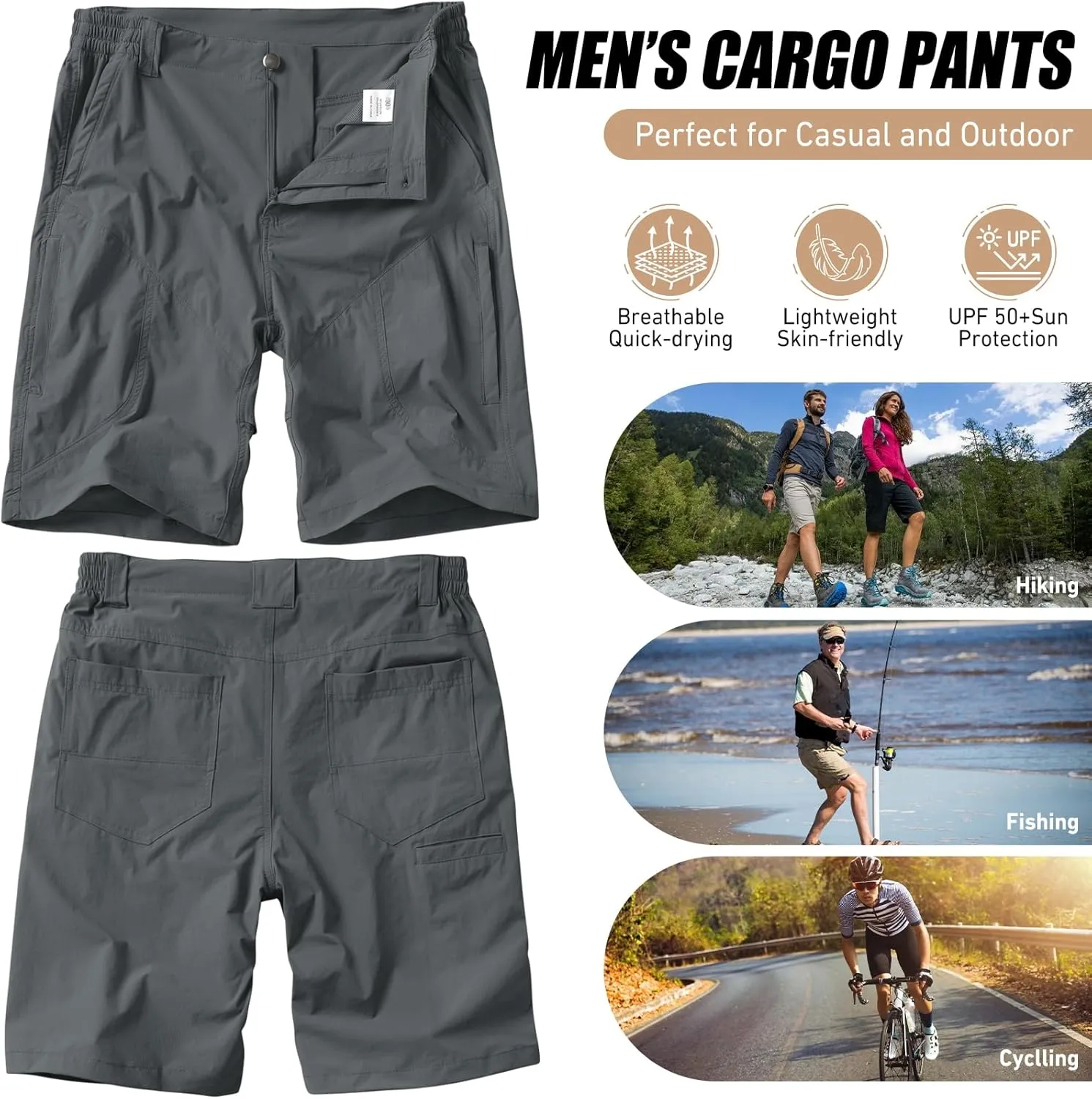 linlon Men's Hiking Cargo Shorts Quick Dry Lightweight Travel Shorts with Pockets for Fishing Camping