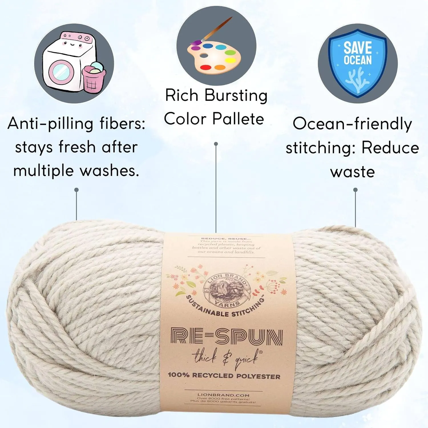 Lion Brand Re Spun Thick & Quick Pumice Stone 843-150 (6-Skeins - Same Dye Lot) Weight S Bulky #6 Polyester Yarn for Crocheting and Knitting with Project Bag