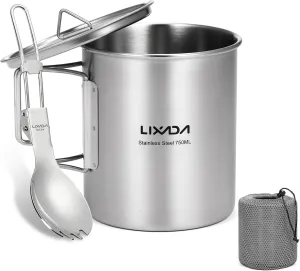 Lixada 750ml Camping Cup Pot Cup Stainless Steel Water Cup Mug with Foldable Spoon for Outdoor Camping Hiking Backpacking