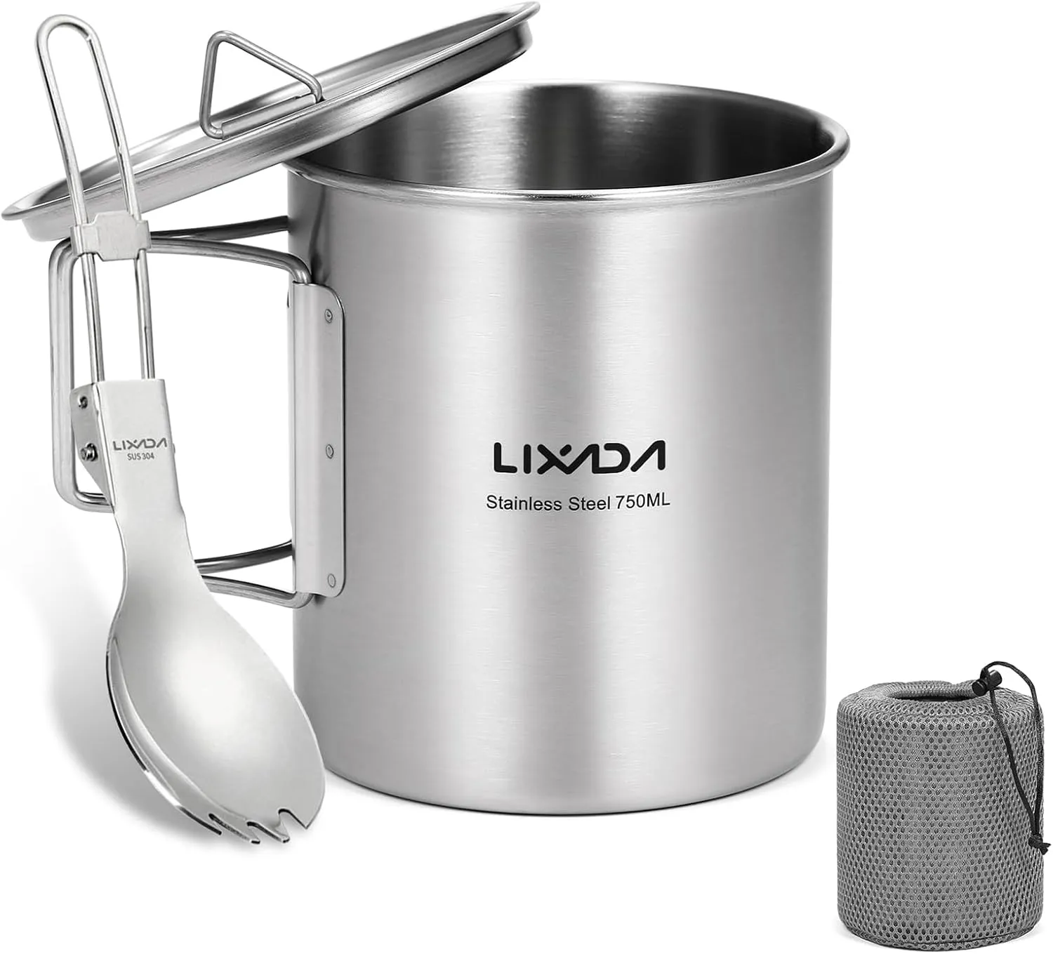 Lixada 750ml Camping Cup Pot Cup Stainless Steel Water Cup Mug with Foldable Spoon for Outdoor Camping Hiking Backpacking