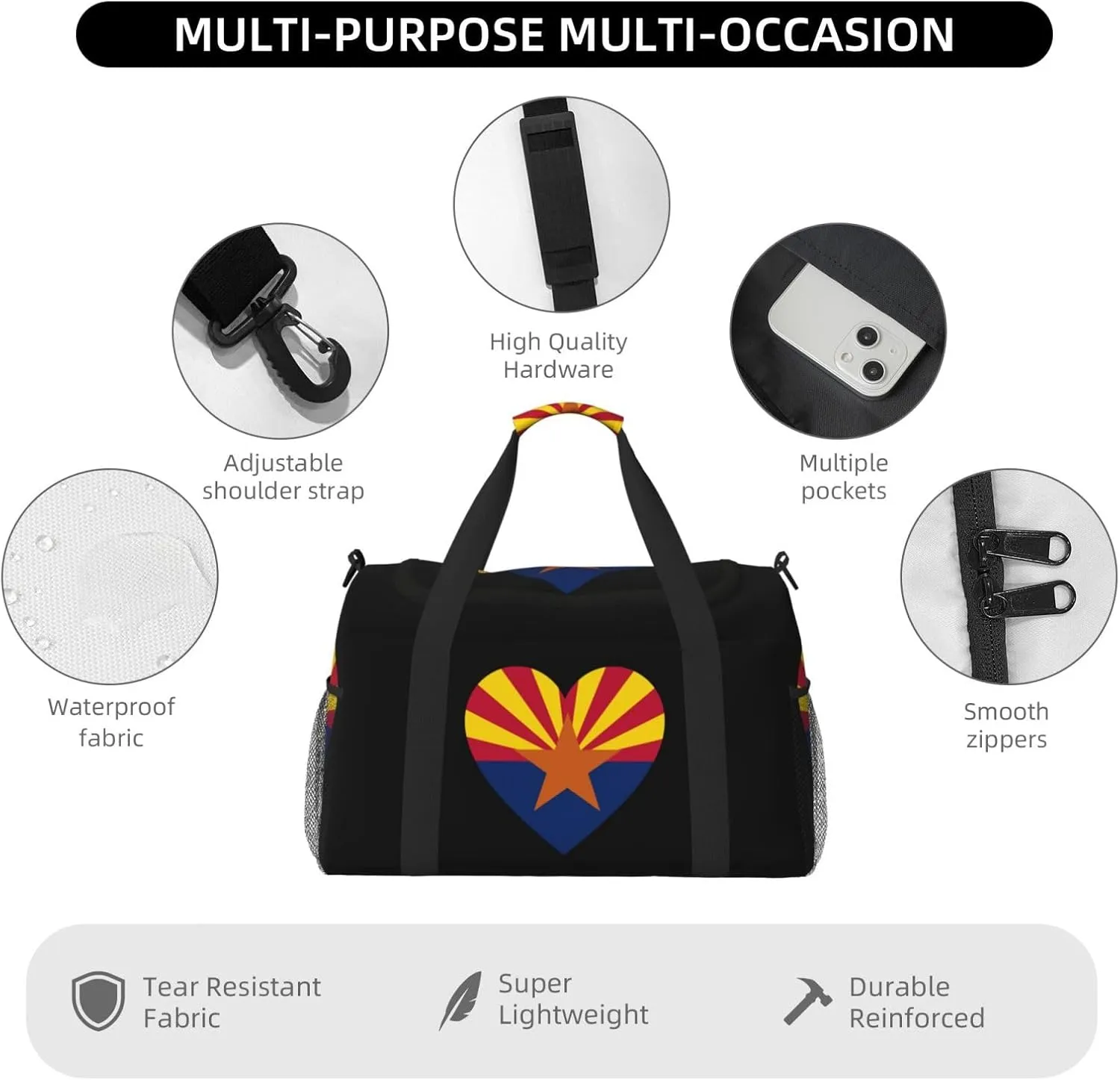 Love Arizona State Flag Travel Duffel Bag Large Foldable Waterproof Overnight Bag For Beach Swim Bags Pool Sports Gym