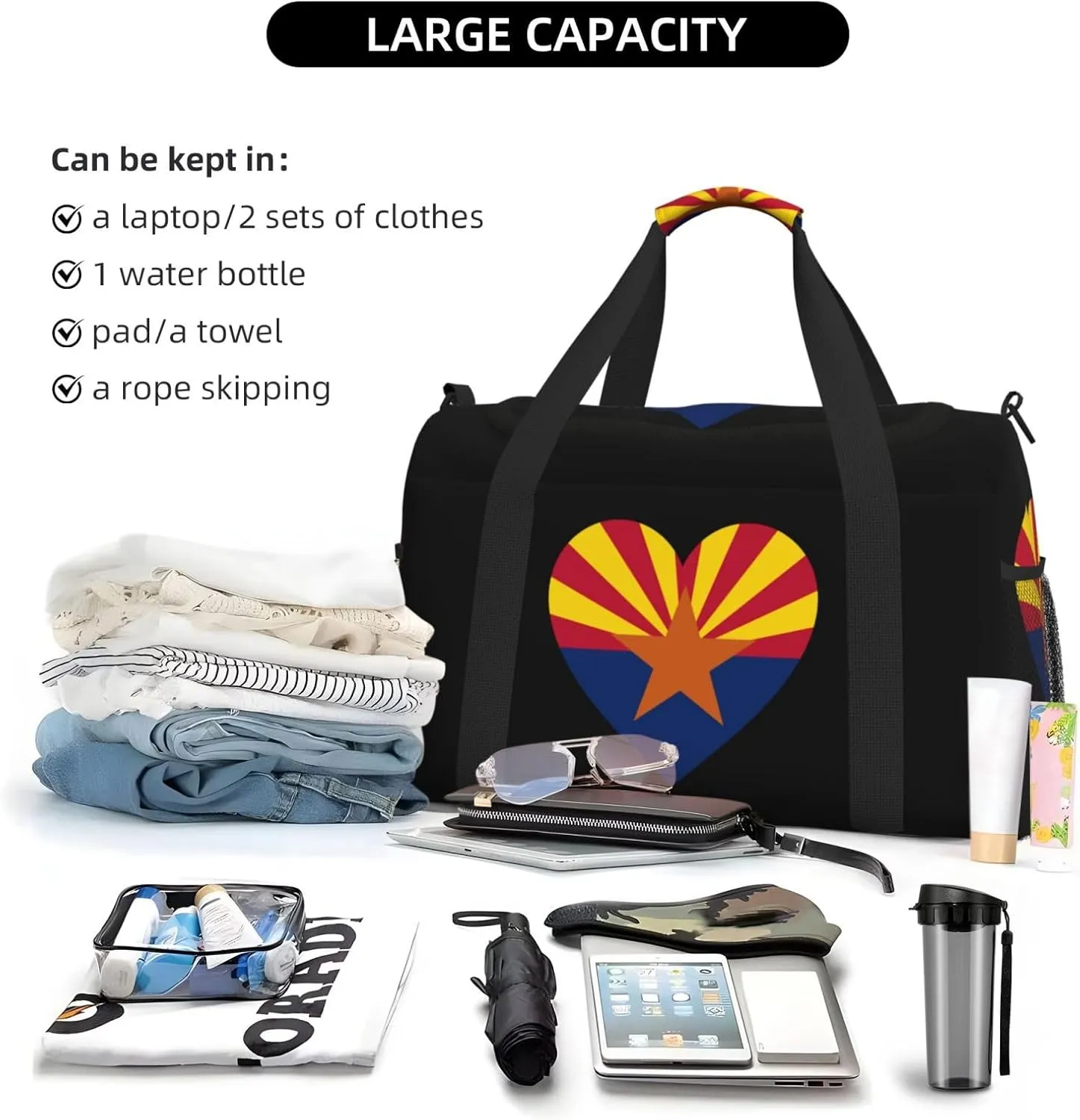Love Arizona State Flag Travel Duffel Bag Large Foldable Waterproof Overnight Bag For Beach Swim Bags Pool Sports Gym
