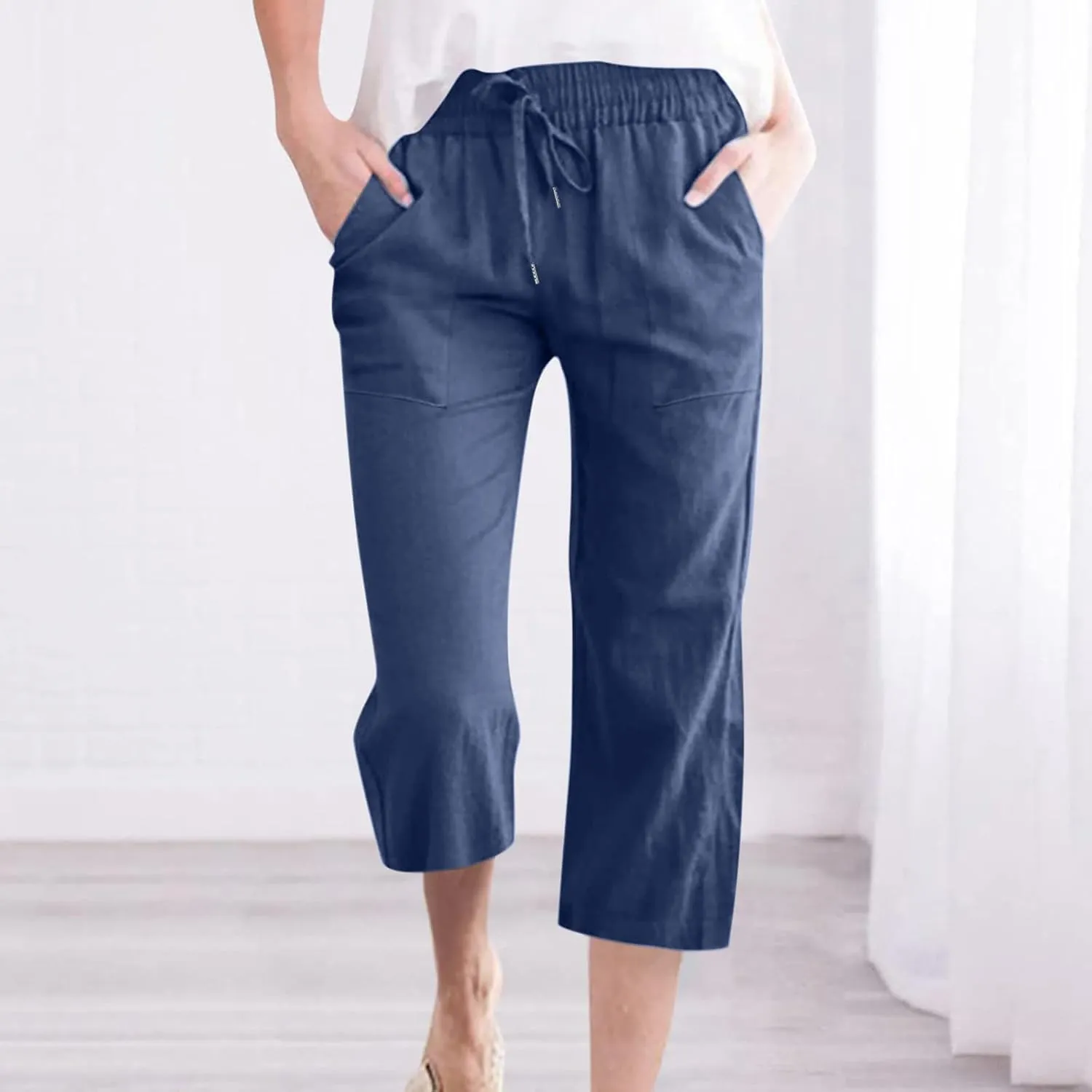 LRMQS Capris Pants for Women Cotton Linen Casual Summer 2025 Straight Wide Leg Loose Drawstring Elastic Waist Cropped Trouser