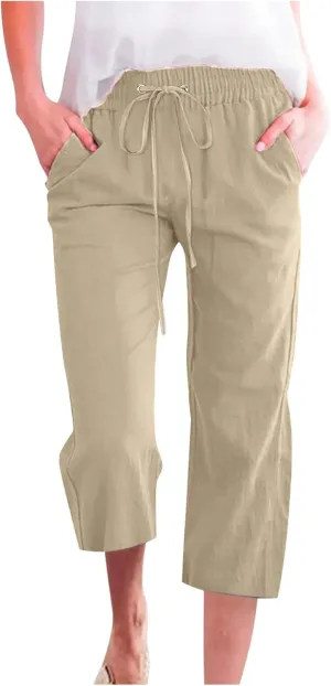 LRMQS Capris Pants for Women Cotton Linen Casual Summer 2025 Straight Wide Leg Loose Drawstring Elastic Waist Cropped Trouser