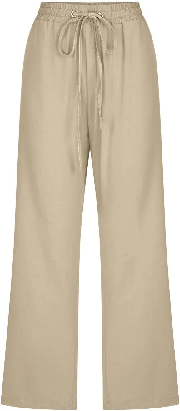 LRMQS Capris Pants for Women Cotton Linen Casual Summer 2025 Straight Wide Leg Loose Drawstring Elastic Waist Cropped Trouser