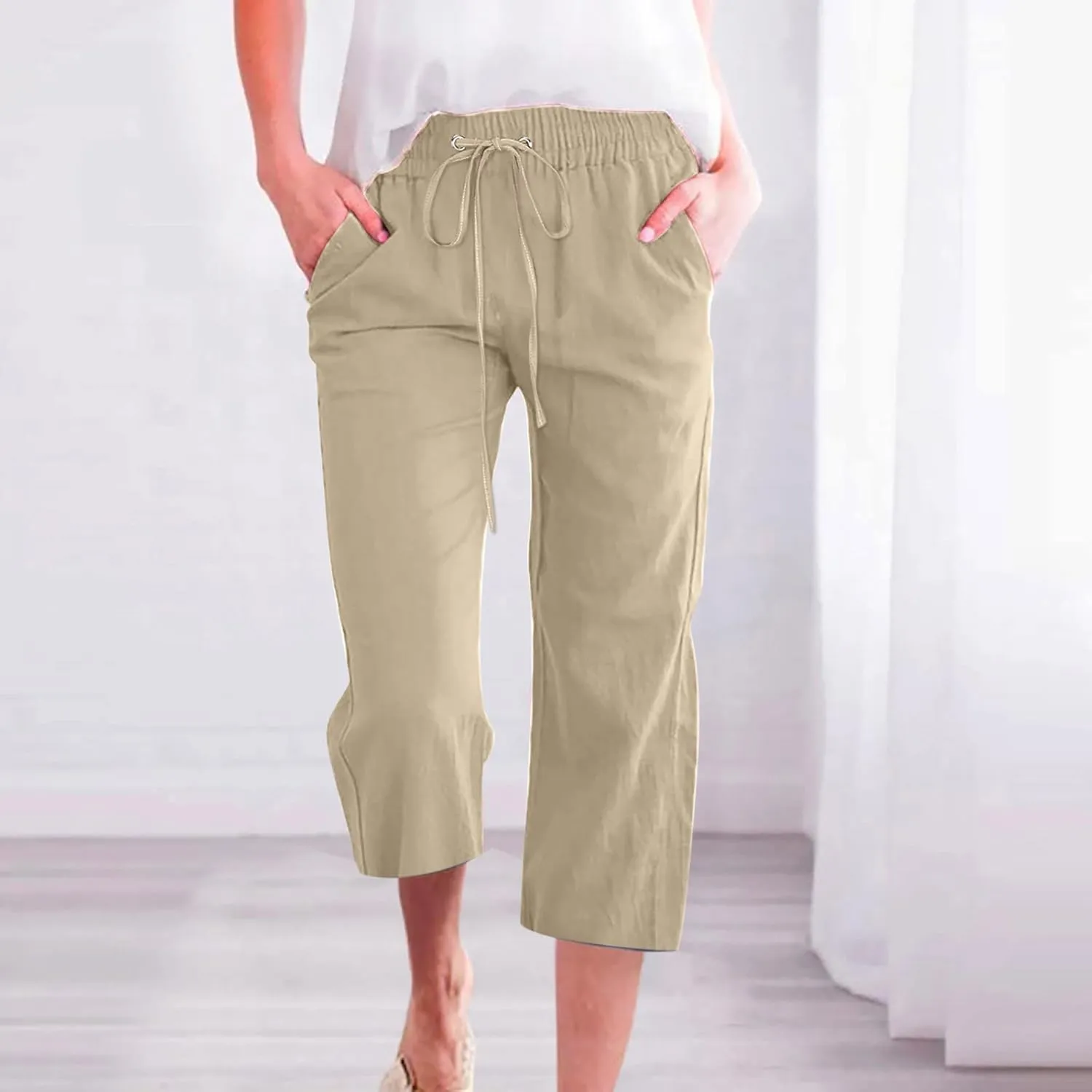 LRMQS Capris Pants for Women Cotton Linen Casual Summer 2025 Straight Wide Leg Loose Drawstring Elastic Waist Cropped Trouser
