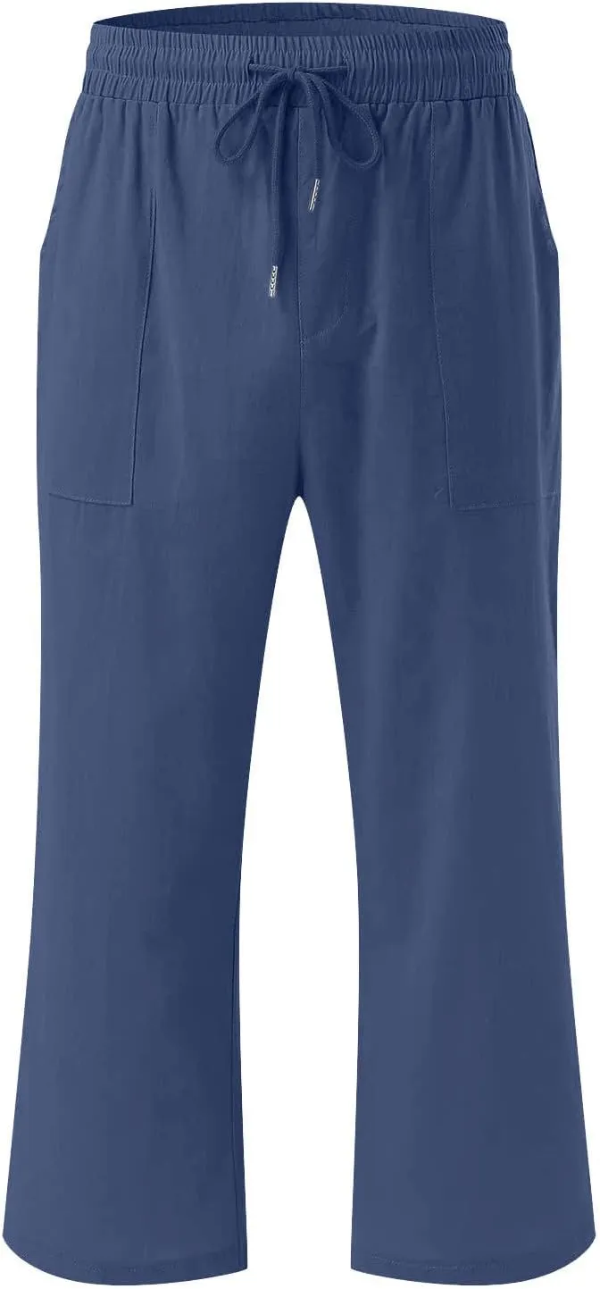LRMQS Capris Pants for Women Cotton Linen Casual Summer 2025 Straight Wide Leg Loose Drawstring Elastic Waist Cropped Trouser