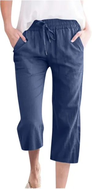 LRMQS Capris Pants for Women Cotton Linen Casual Summer 2025 Straight Wide Leg Loose Drawstring Elastic Waist Cropped Trouser