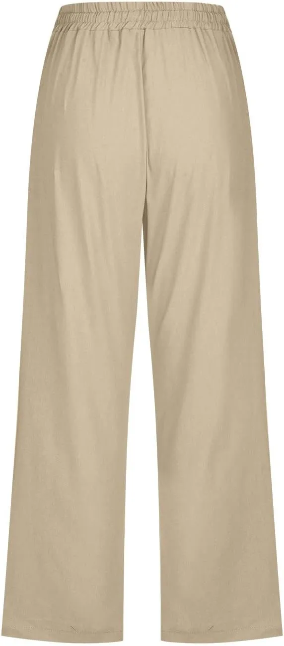 LRMQS Capris Pants for Women Cotton Linen Casual Summer 2025 Straight Wide Leg Loose Drawstring Elastic Waist Cropped Trouser
