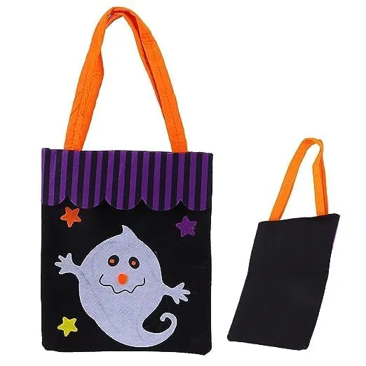 LUDALY Halloween Candy Tote Bag, Portable Durable Tote Bag Cute Linen for Party Performance Dress Up for Children's Holiday Candy Bag Party(Purple hat pumpkin beige) (Ghost)