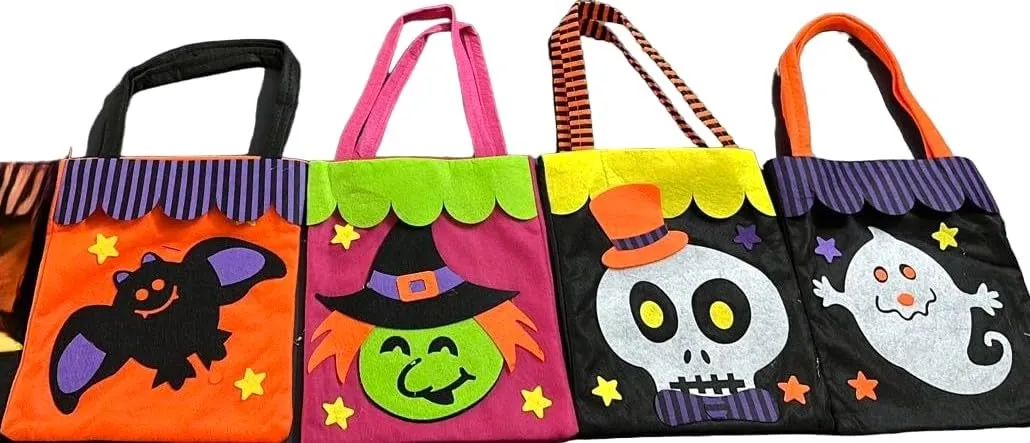 LUDALY Halloween Candy Tote Bag, Portable Durable Tote Bag Cute Linen for Party Performance Dress Up for Children's Holiday Candy Bag Party(Purple hat pumpkin beige) (Ghost)