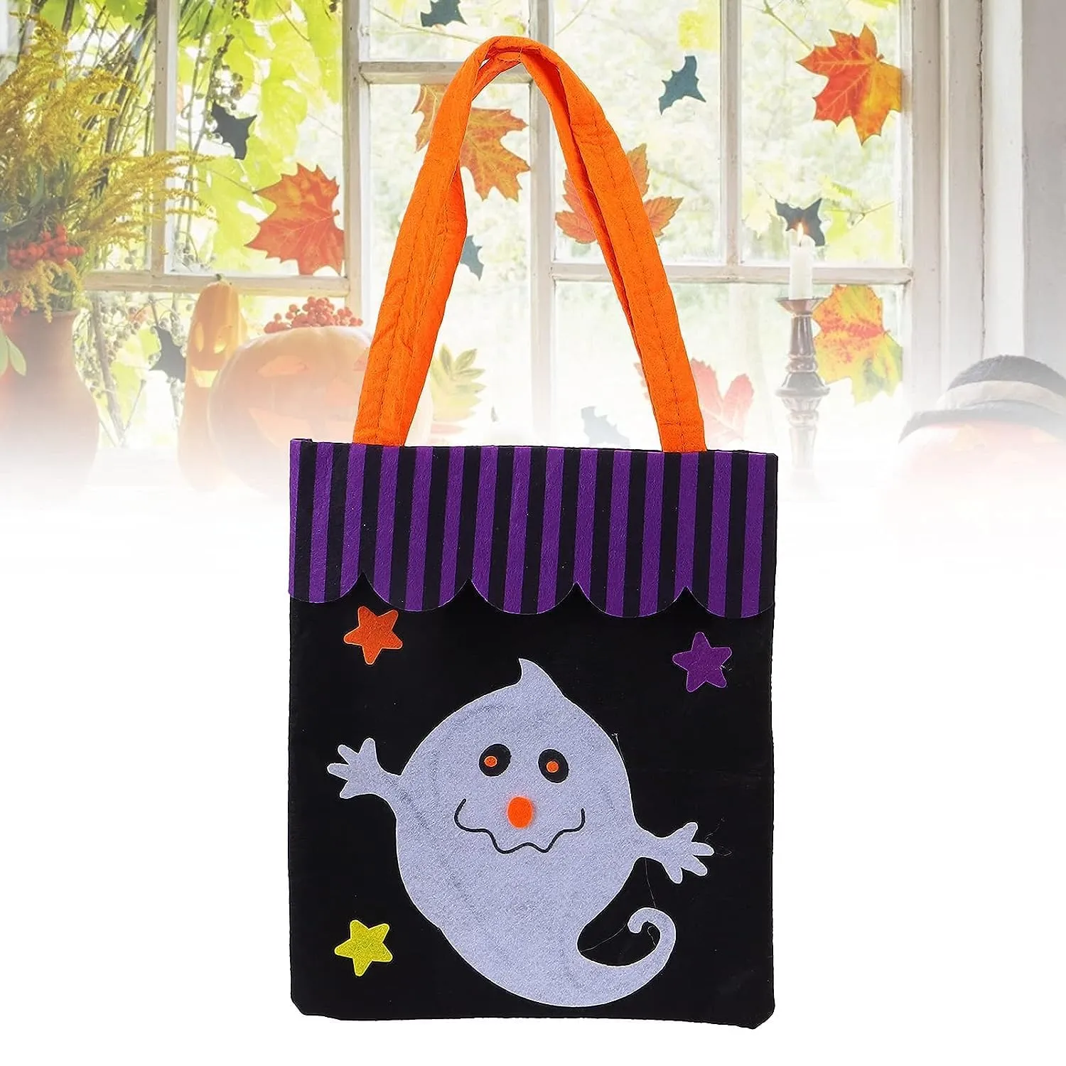 LUDALY Halloween Candy Tote Bag, Portable Durable Tote Bag Cute Linen for Party Performance Dress Up for Children's Holiday Candy Bag Party(Purple hat pumpkin beige) (Ghost)