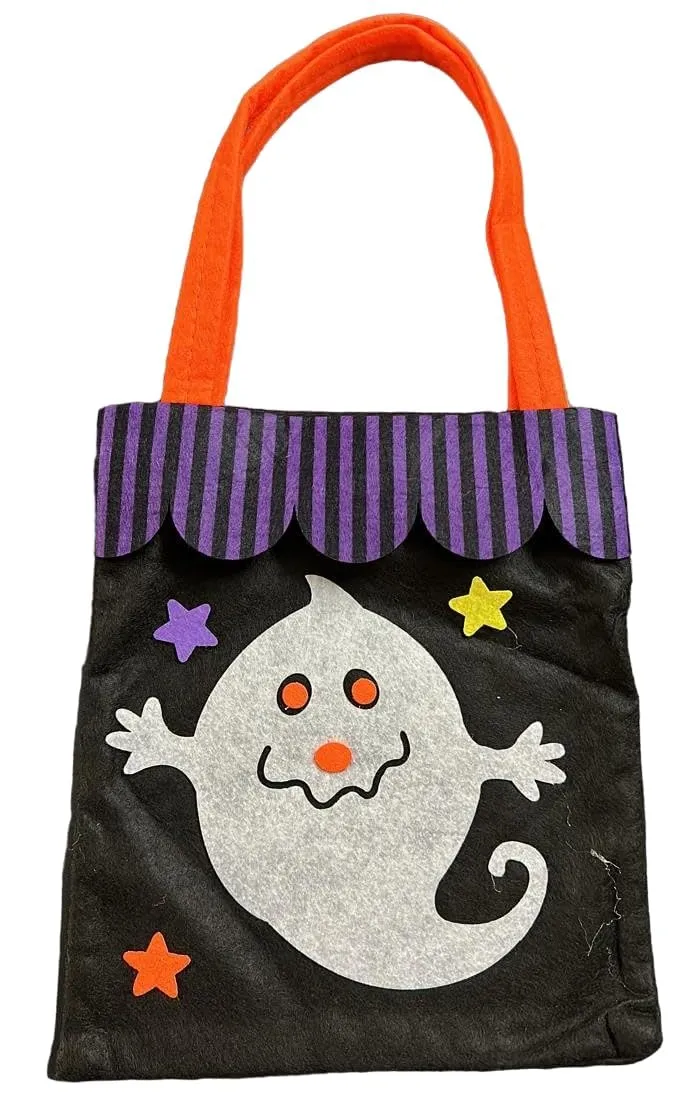 LUDALY Halloween Candy Tote Bag, Portable Durable Tote Bag Cute Linen for Party Performance Dress Up for Children's Holiday Candy Bag Party(Purple hat pumpkin beige) (Ghost)