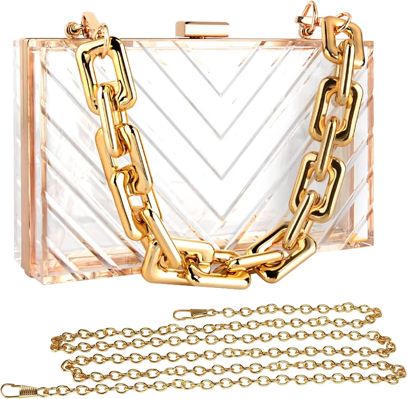 LUEXBOX Acrylic Women Clear Purse, Evening Clutch Handbag with Removable Gold Chain, Transparent Crossbody Shoulder Stadium Purse for Gameday, Bridal, Bachelorette Party, Prom & Concert (V Shape)