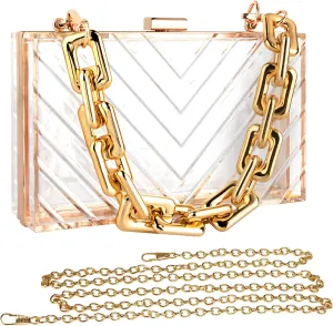 LUEXBOX Acrylic Women Clear Purse, Evening Clutch Handbag with Removable Gold Chain, Transparent Crossbody Shoulder Stadium Purse for Gameday, Bridal, Bachelorette Party, Prom & Concert (V Shape)