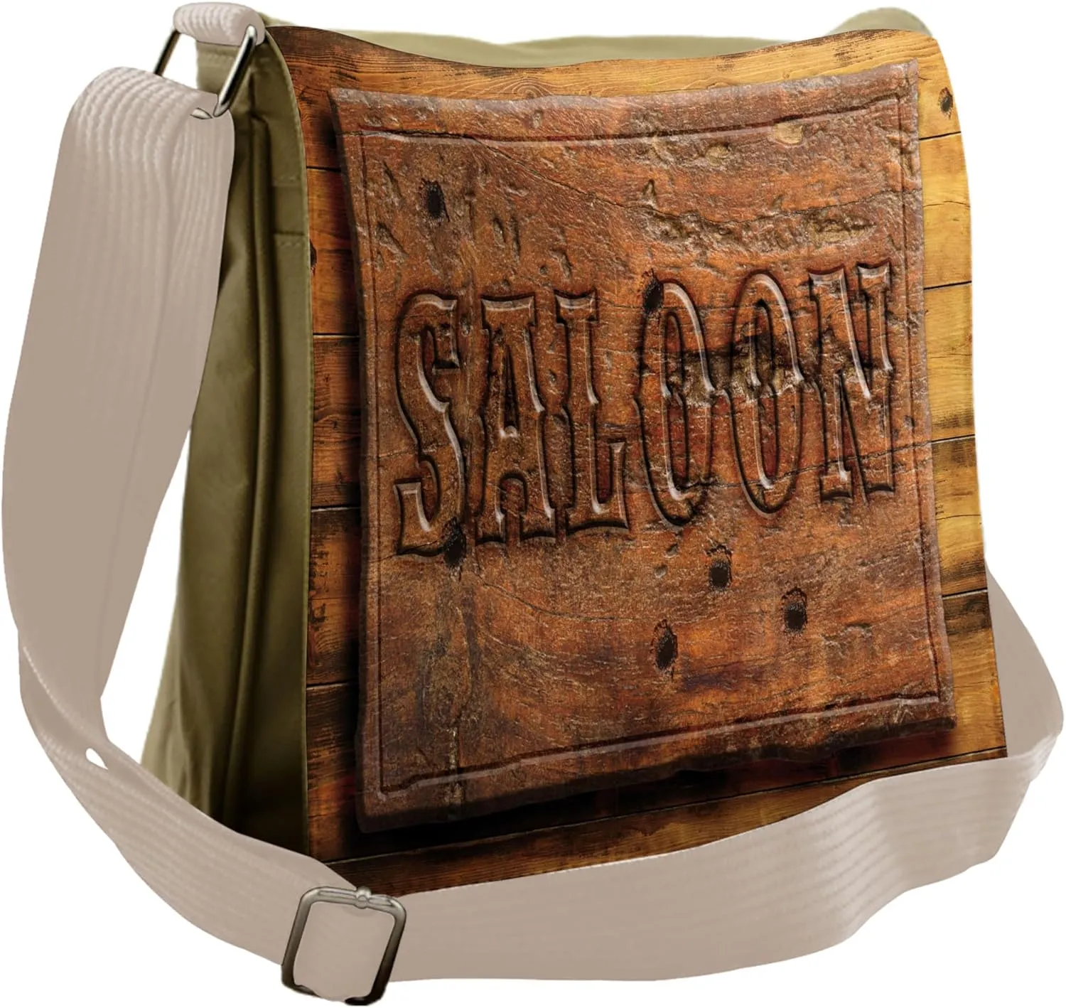 Lunarable Western Messenger Bag, Wooden Carving Style Saloon, Unisex Cross-body