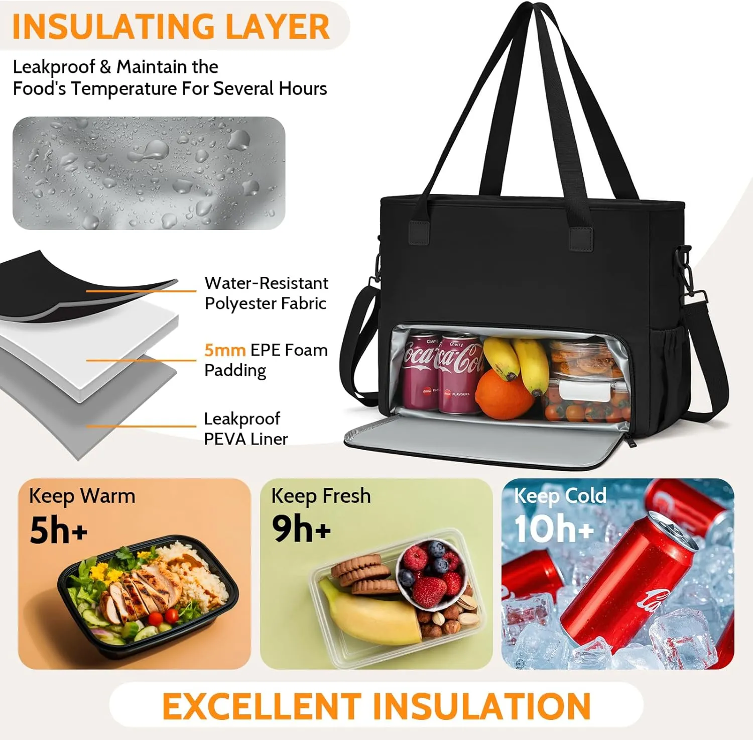 Lunch Tote Bag for Women, Teacher Tote Bag 15.6 inch Laptop Bags with Insulated Lunch Compartment, Casual Canvas Work Bag Nurse Bags Computer Messenger Bag, Laptop Briefcase for Office, Travel, Black
