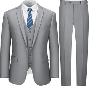 LUPURTY Suits for Men, 3 Piece Men's Suit Slim Fit, Solid Jacket Vest Pants with Tie, One Button Tuxedo Set
