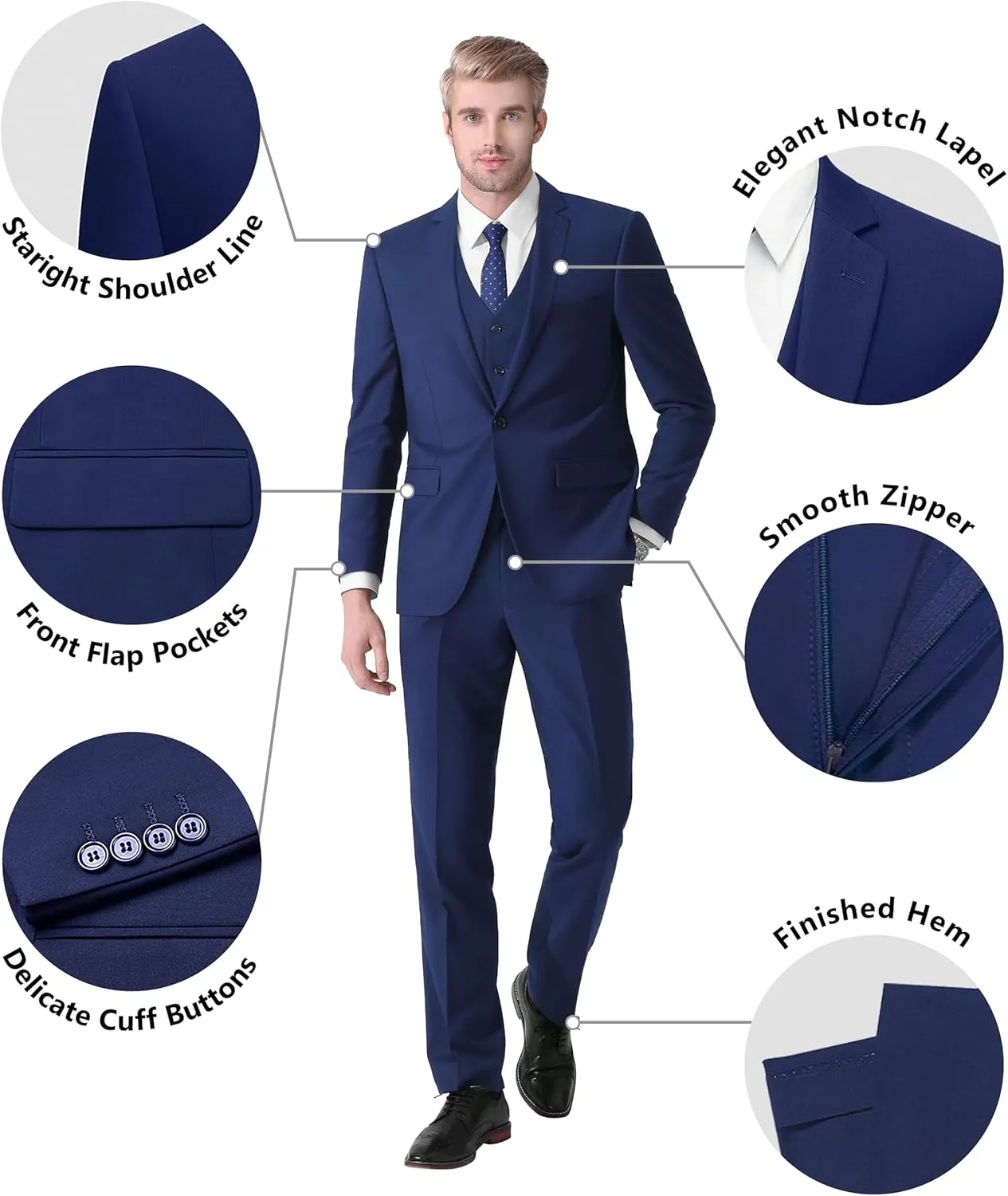 LUPURTY Suits for Men, 3 Piece Men's Suit Slim Fit, Solid Jacket Vest Pants with Tie, One Button Tuxedo Set