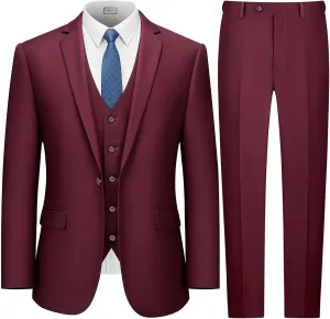 LUPURTY Suits for Men, 3 Piece Men's Suit Slim Fit, Solid Jacket Vest Pants with Tie, One Button Tuxedo Set