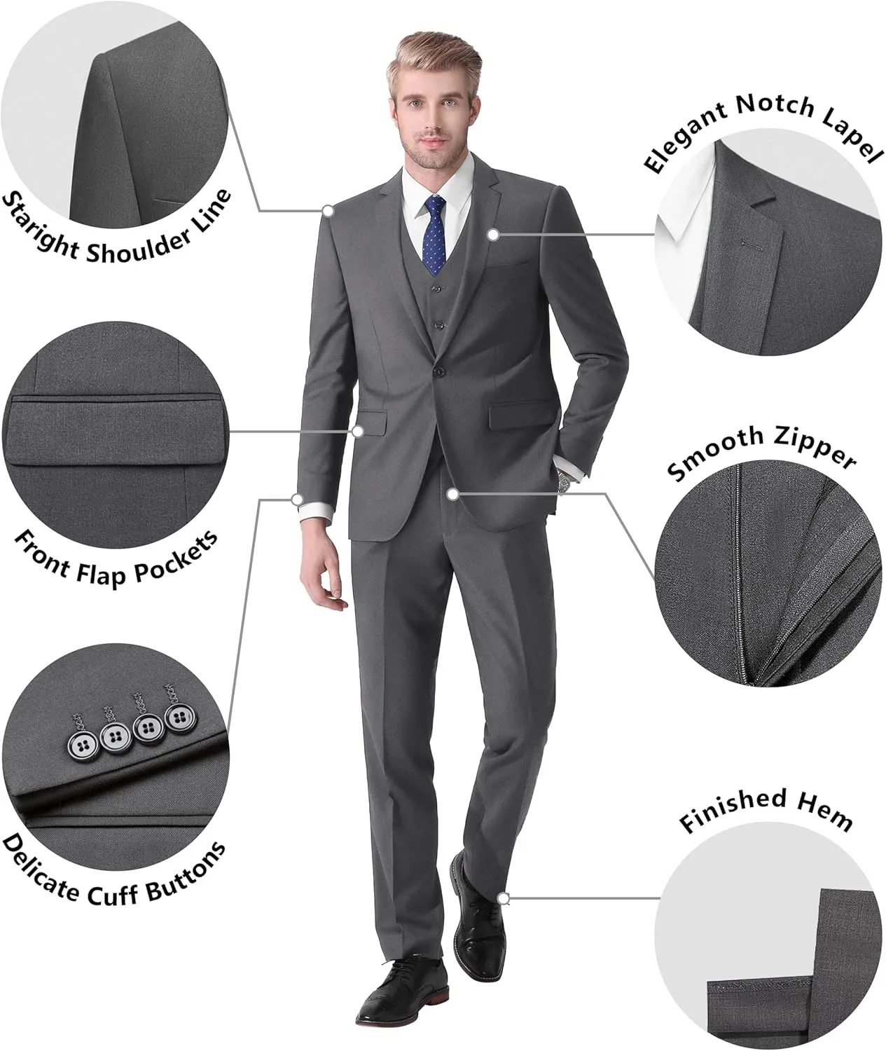 LUPURTY Suits for Men, 3 Piece Men's Suit Slim Fit, Solid Jacket Vest Pants with Tie, One Button Tuxedo Set