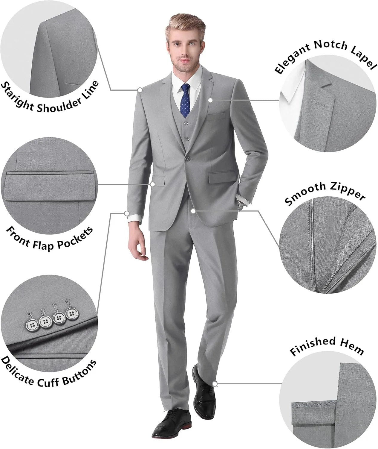 LUPURTY Suits for Men, 3 Piece Men's Suit Slim Fit, Solid Jacket Vest Pants with Tie, One Button Tuxedo Set