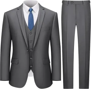 LUPURTY Suits for Men, 3 Piece Men's Suit Slim Fit, Solid Jacket Vest Pants with Tie, One Button Tuxedo Set