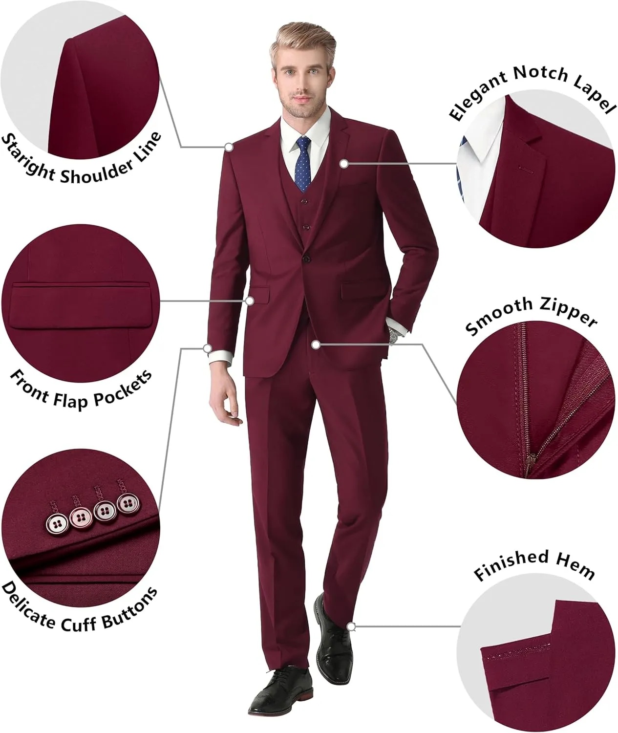 LUPURTY Suits for Men, 3 Piece Men's Suit Slim Fit, Solid Jacket Vest Pants with Tie, One Button Tuxedo Set