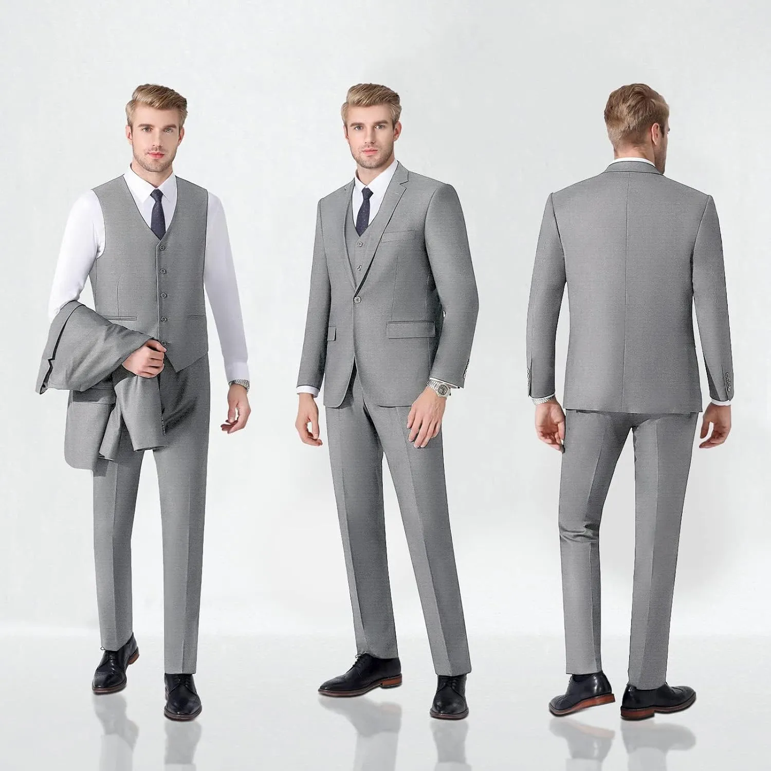 LUPURTY Suits for Men, 3 Piece Men's Suit Slim Fit, Solid Jacket Vest Pants with Tie, One Button Tuxedo Set