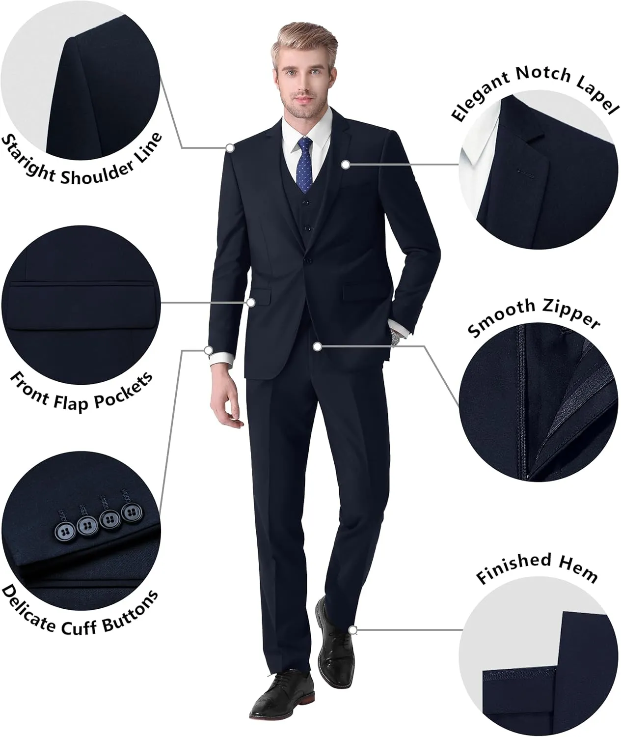 LUPURTY Suits for Men, 3 Piece Men's Suit Slim Fit, Solid Jacket Vest Pants with Tie, One Button Tuxedo Set