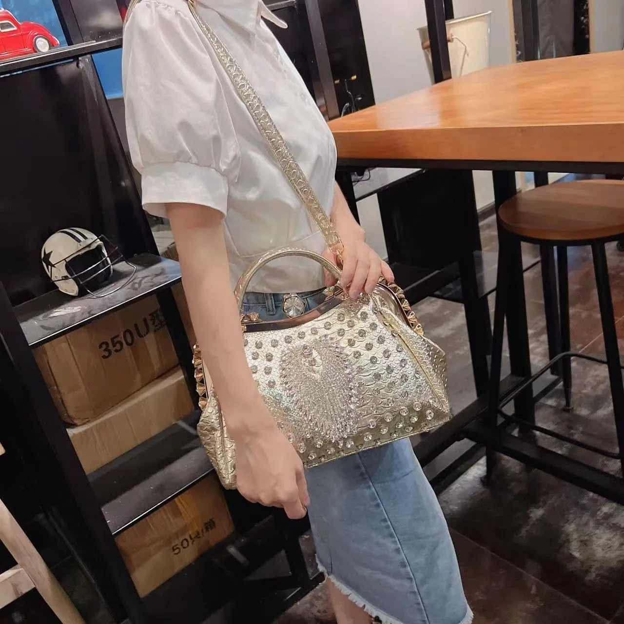 Luxury Fashion Diamonds Bag For Women Leather Top Handle Satchel Handbags Clip Rhinestone Purses Tote Shoulder Crossbody Bags