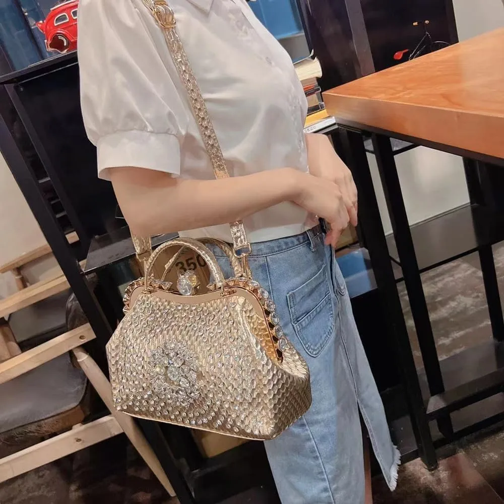 Luxury Fashion Diamonds Bag For Women Leather Top Handle Satchel Handbags Clip Rhinestone Purses Tote Shoulder Crossbody Bags