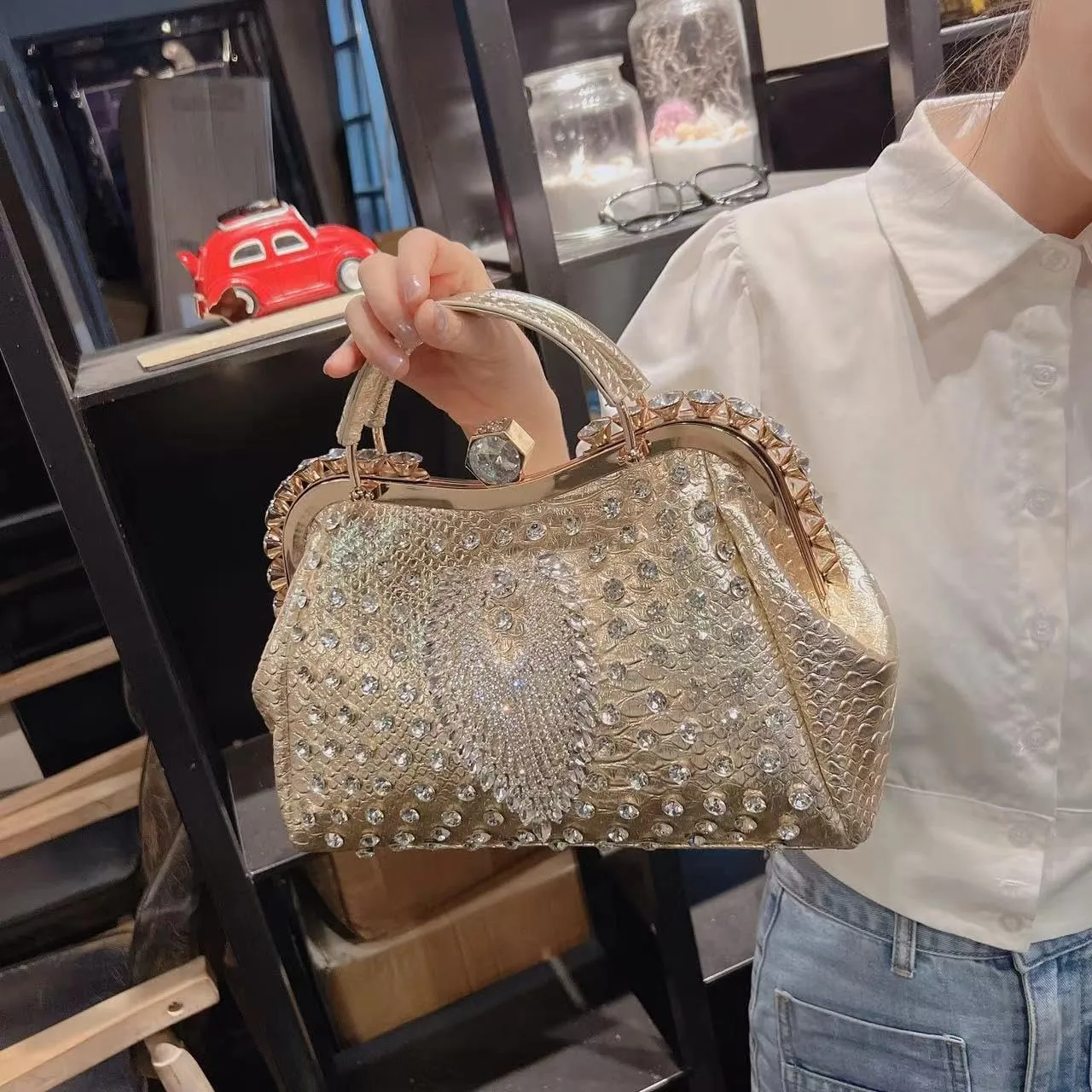 Luxury Fashion Diamonds Bag For Women Leather Top Handle Satchel Handbags Clip Rhinestone Purses Tote Shoulder Crossbody Bags